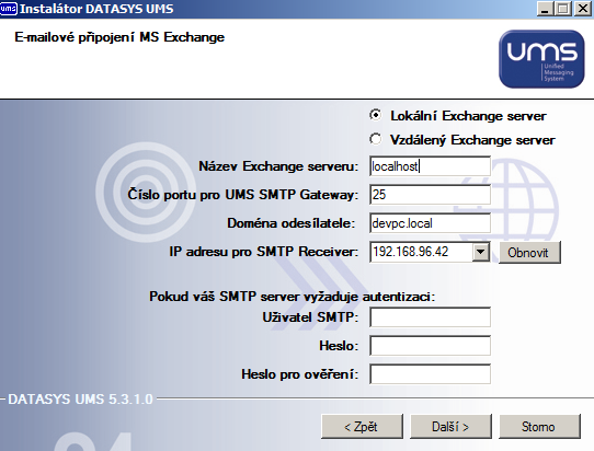 Příklad nastavení připojení k lokálnímu Exchange serveru
