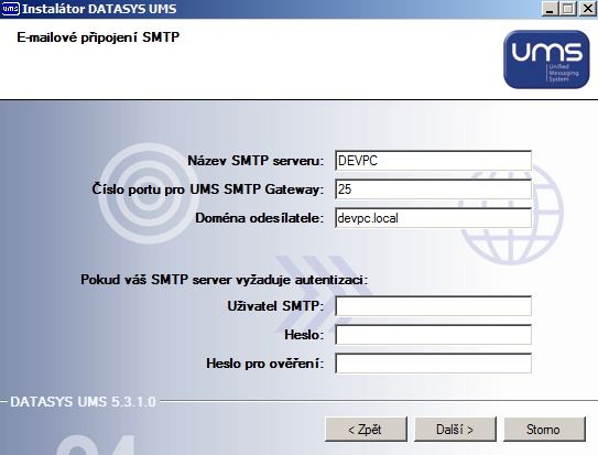 Příklad konfigurace emailového připojení SMTP