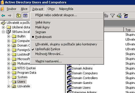 Active Directory Users and Computers, oznaačení volby Upřesňující funkce