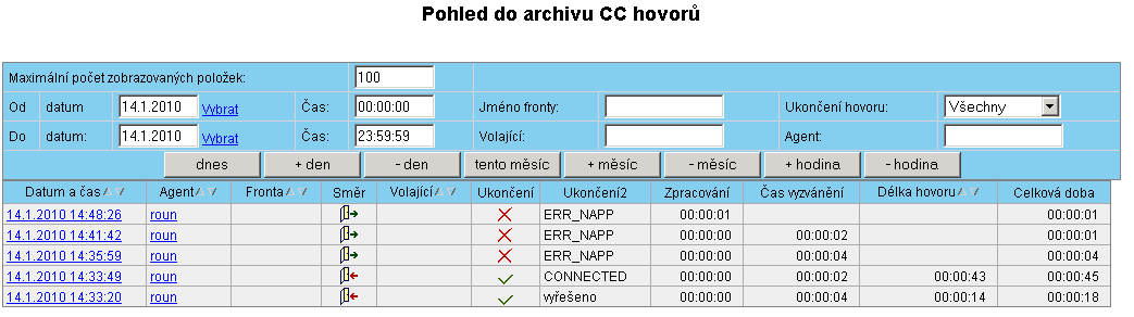 Pohled do archivu hovorů Call centra