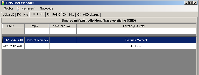 Ukázka přehledu Směrování faxů podle identifikace volajícího (CSID)