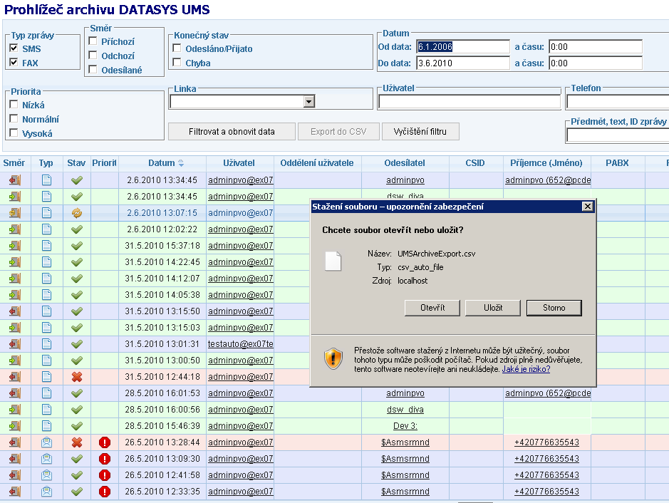 Ukázka exportu do souboru formátu CSV