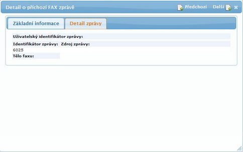 Prohlížeč archivu DATASYS UMS, Detail příchozího faxu