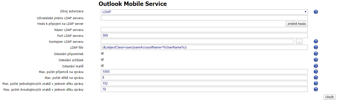 Výchozí nastavení Outlook Mobile Service