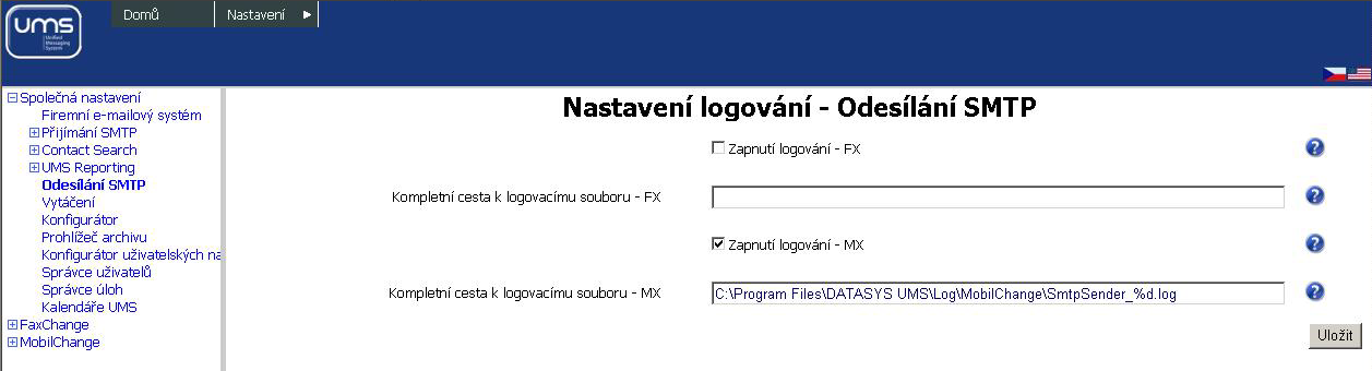 Formulář Nastavení logování - Odesílání SMTP