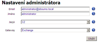 Formulář Nastavení administrátora
