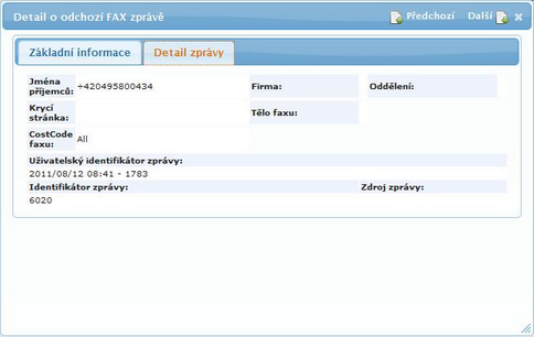 Prohlížeč archivu DATASYS UMS, Detail odchozího faxu