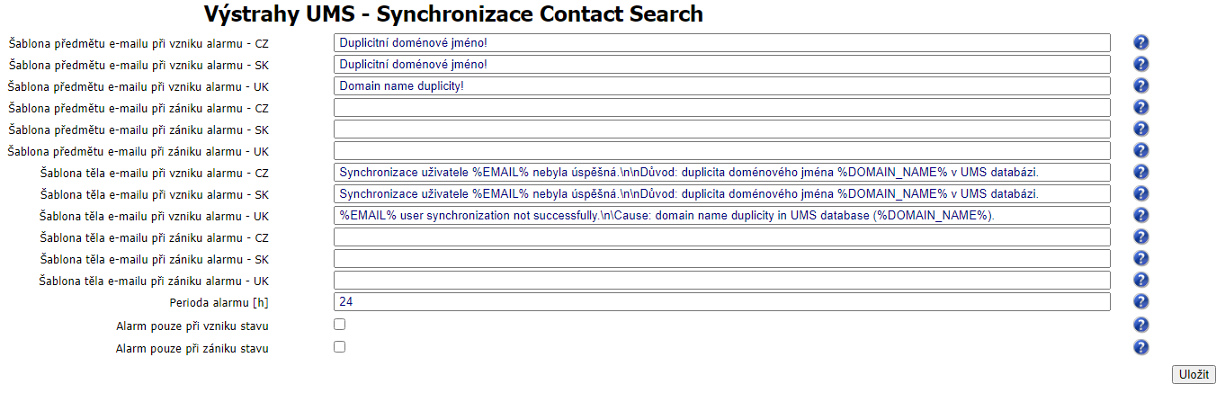 Výchozí nastavení Výstrahy UMS - Synchronizace Contact Search